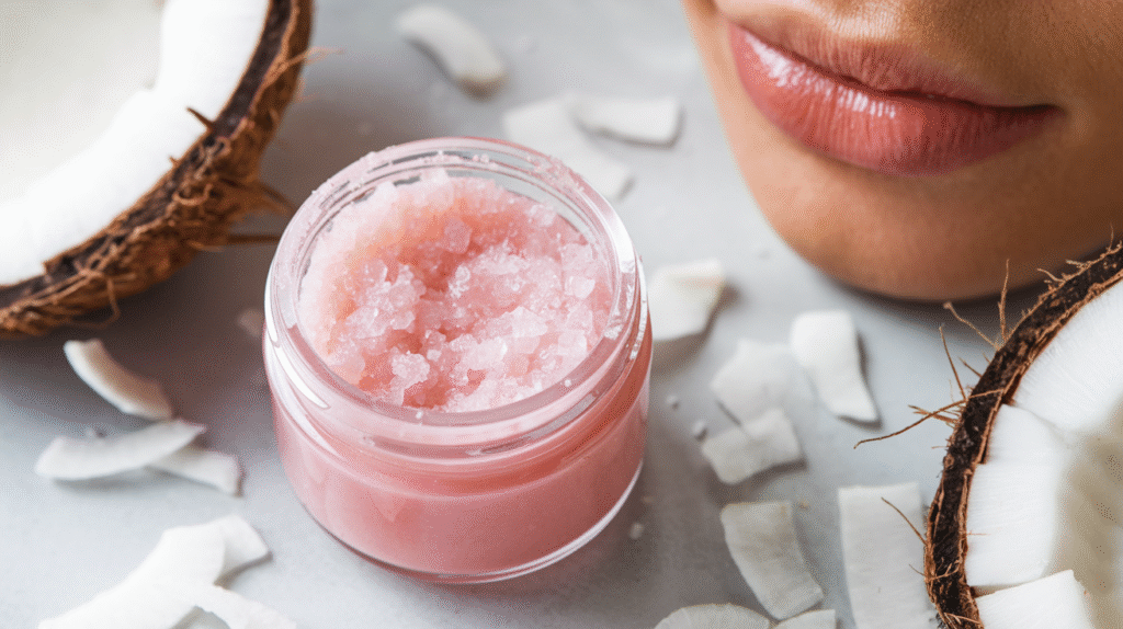 Pot de gommage pour lèvres Coco Kiss avec texture exfoliante visible